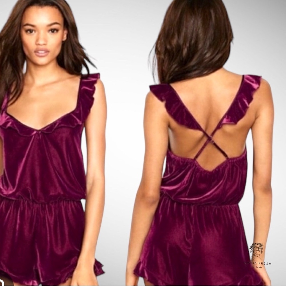 Victoria's Secret Velvet Ruffle Cross Back Romper Size L